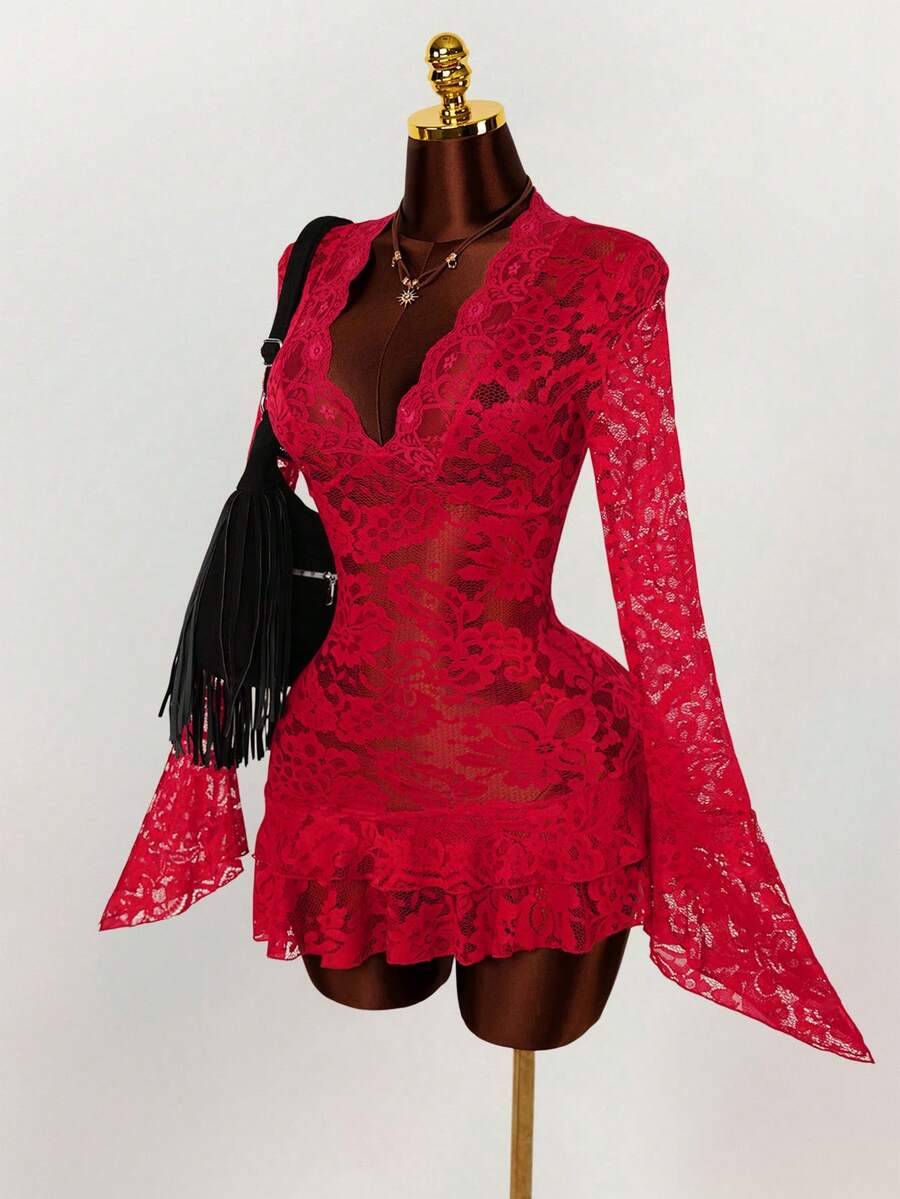 Sheer Low-Cut Hippie Style Mini Dress