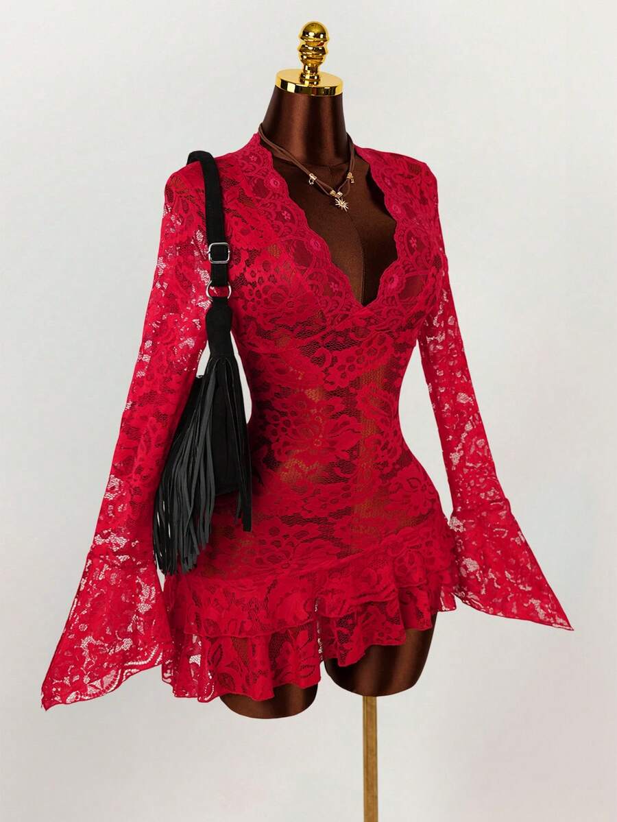Sheer Low-Cut Hippie Style Mini Dress