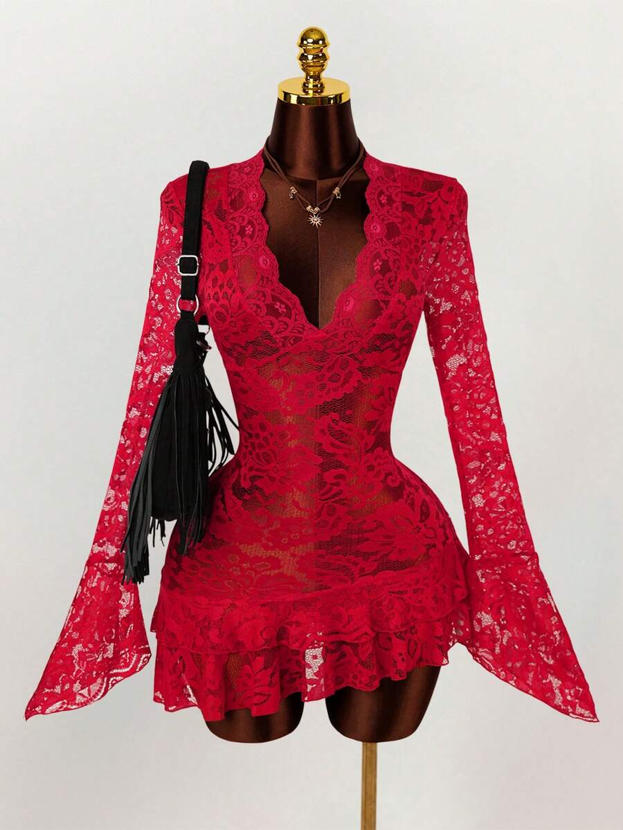 Sheer Low-Cut Hippie Style Mini Dress