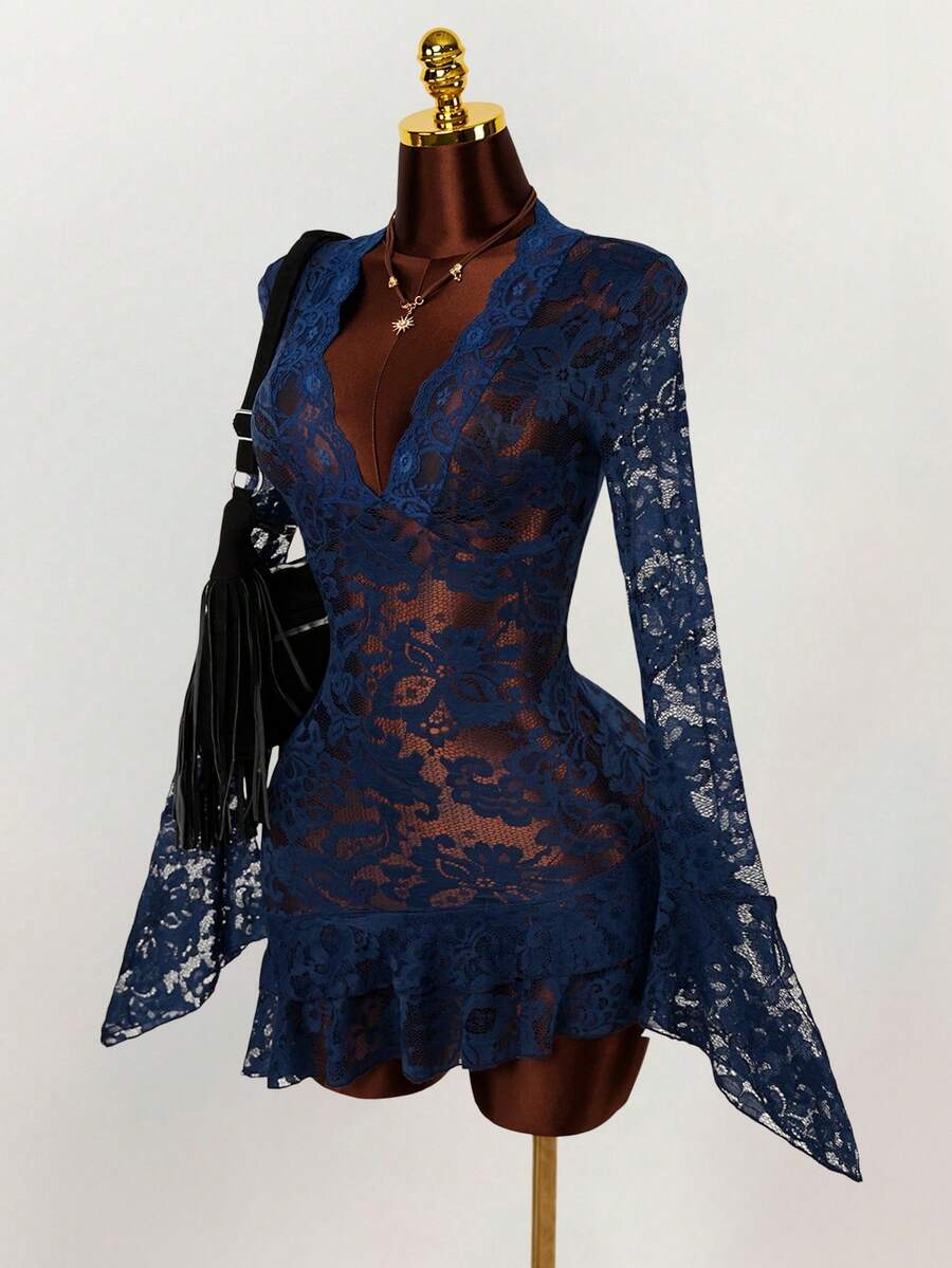 Sheer Low-Cut Hippie Style Mini Dress