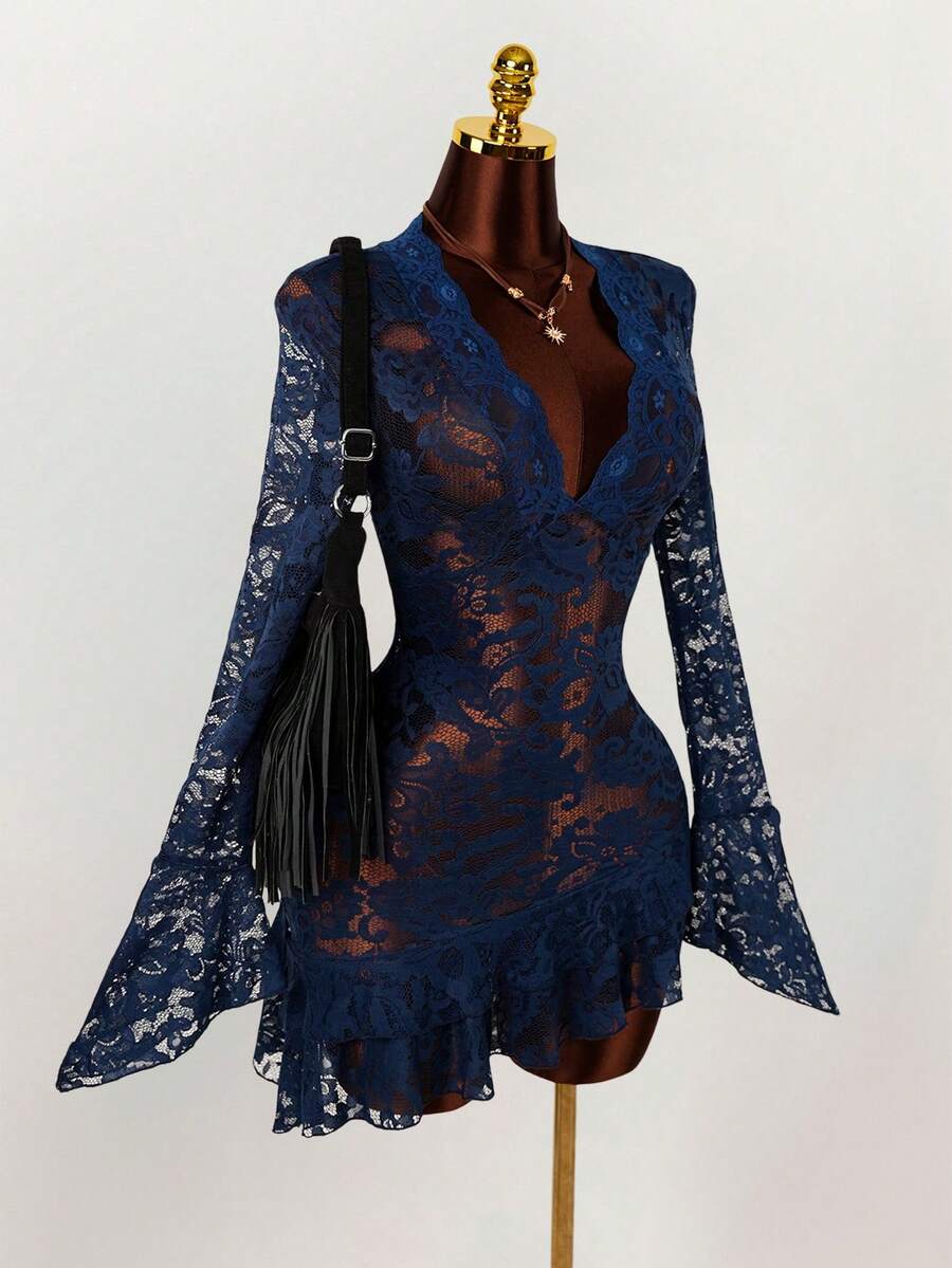 Sheer Low-Cut Hippie Style Mini Dress
