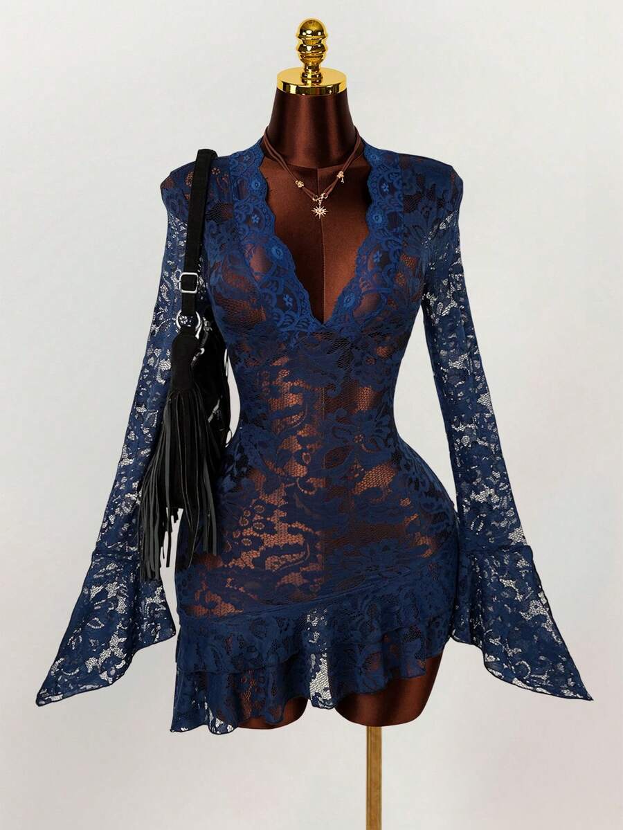 Sheer Low-Cut Hippie Style Mini Dress