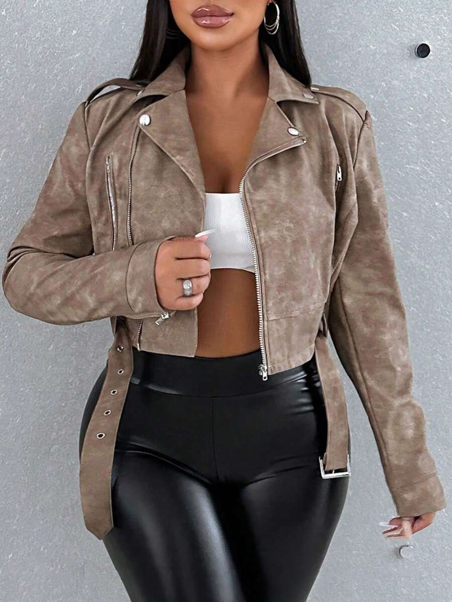 Women's Retro Collar Zipper Waist Belt Leather Short Jacket