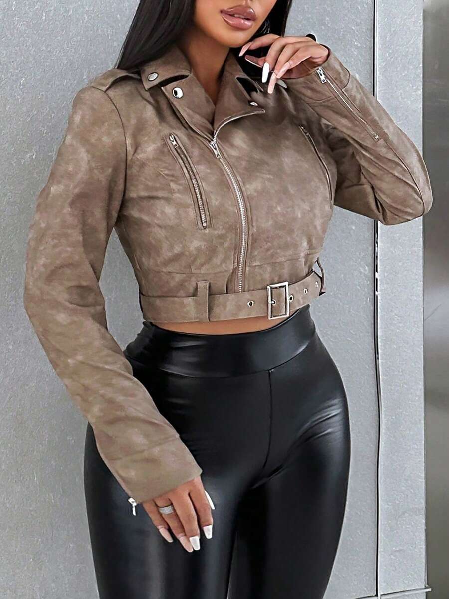 Women's Retro Collar Zipper Waist Belt Leather Short Jacket