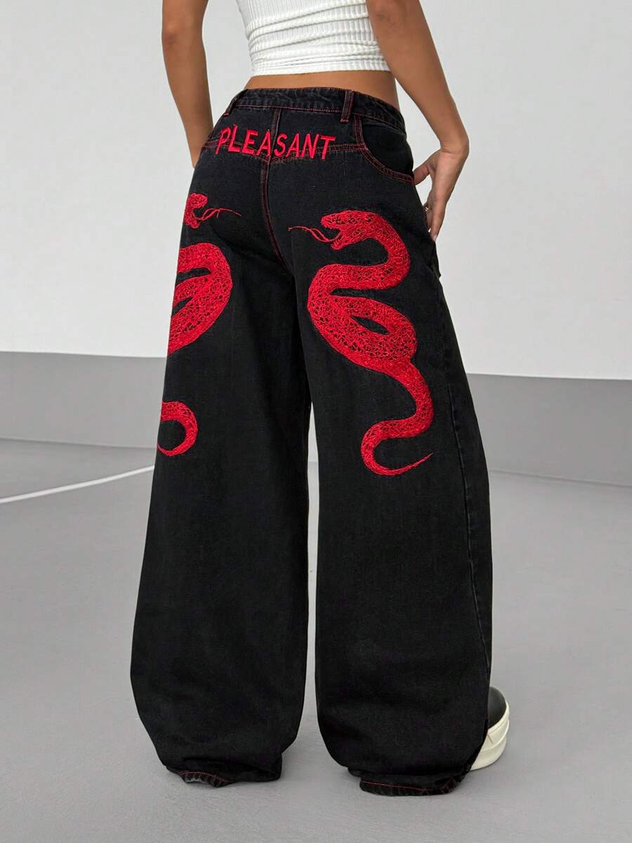 Women's Street Casual Y2K Style Embroidered Wide Leg Jeans