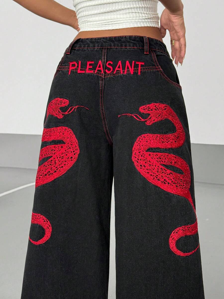 Women's Street Casual Y2K Style Embroidered Wide Leg Jeans