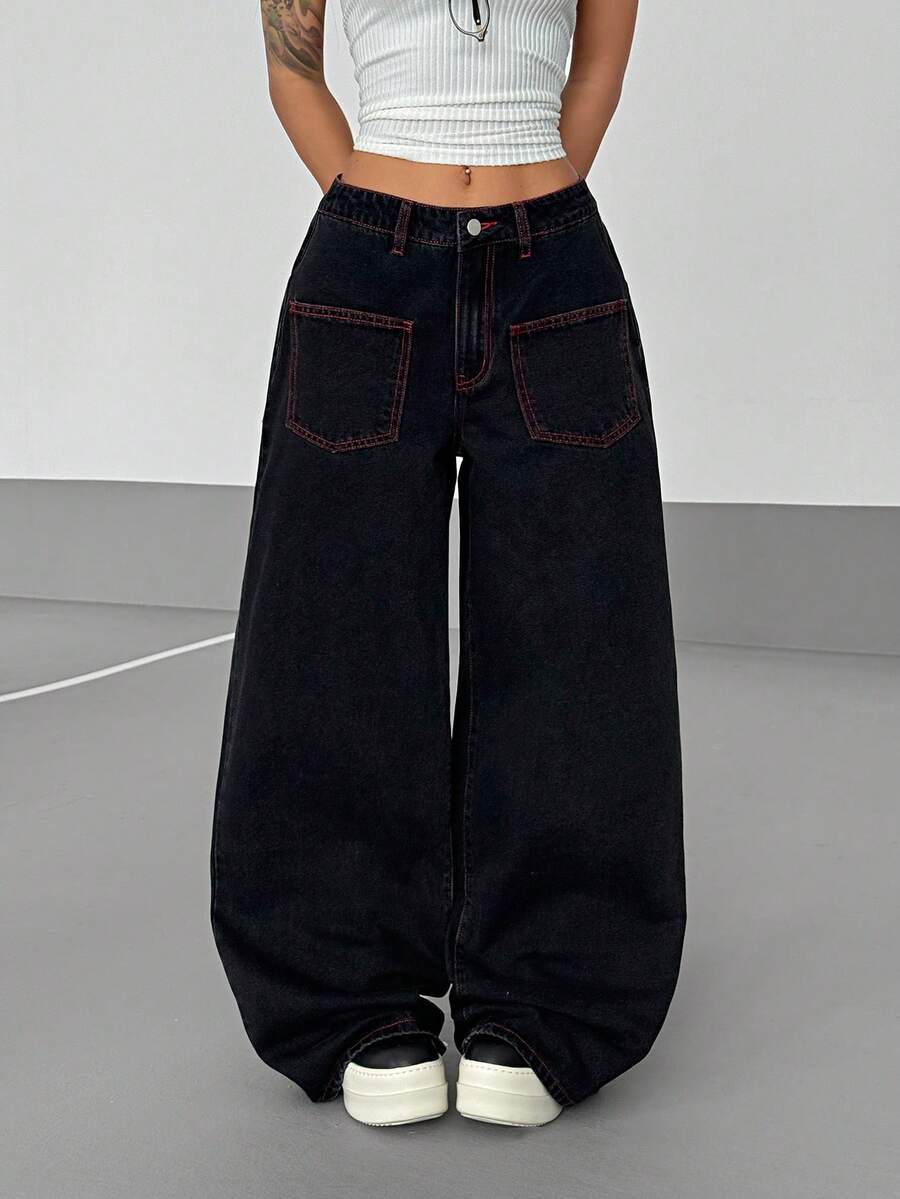 Women's Street Casual Y2K Style Embroidered Wide Leg Jeans