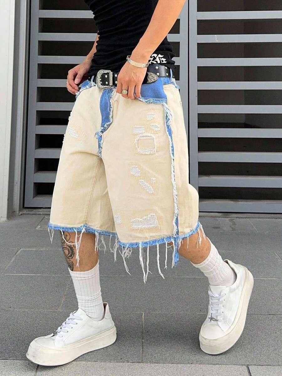 Men's Contrast Color Fringe Casual Denim Shorts