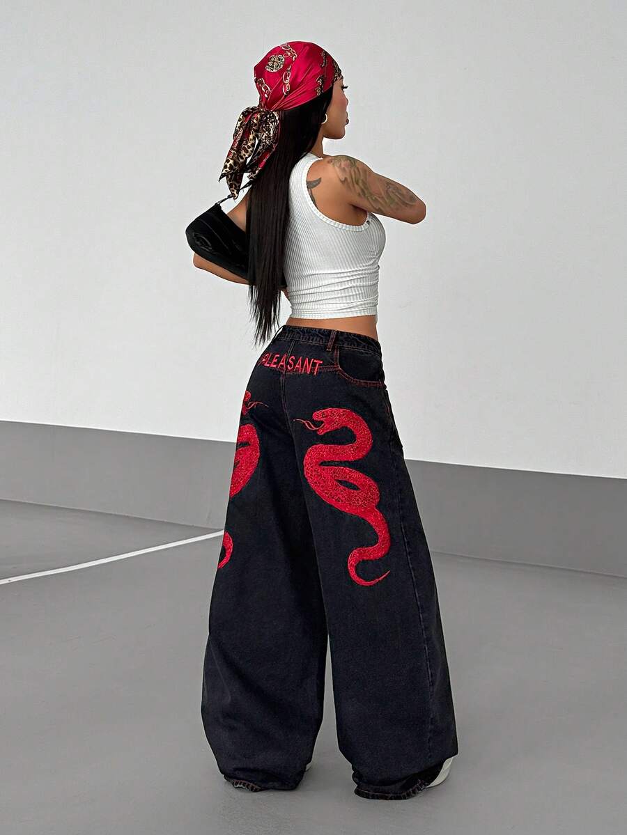 Women's Street Casual Y2K Style Embroidered Wide Leg Jeans