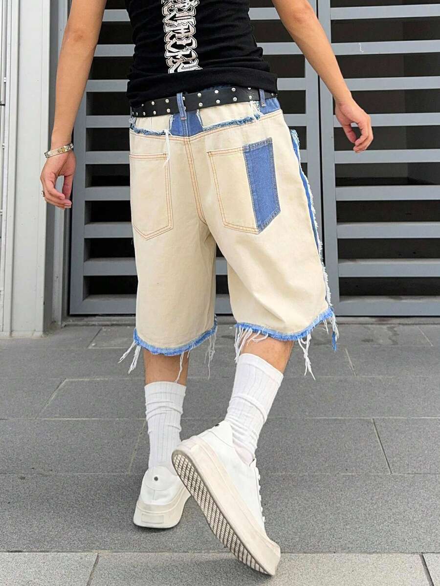 Men's Contrast Color Fringe Casual Denim Shorts
