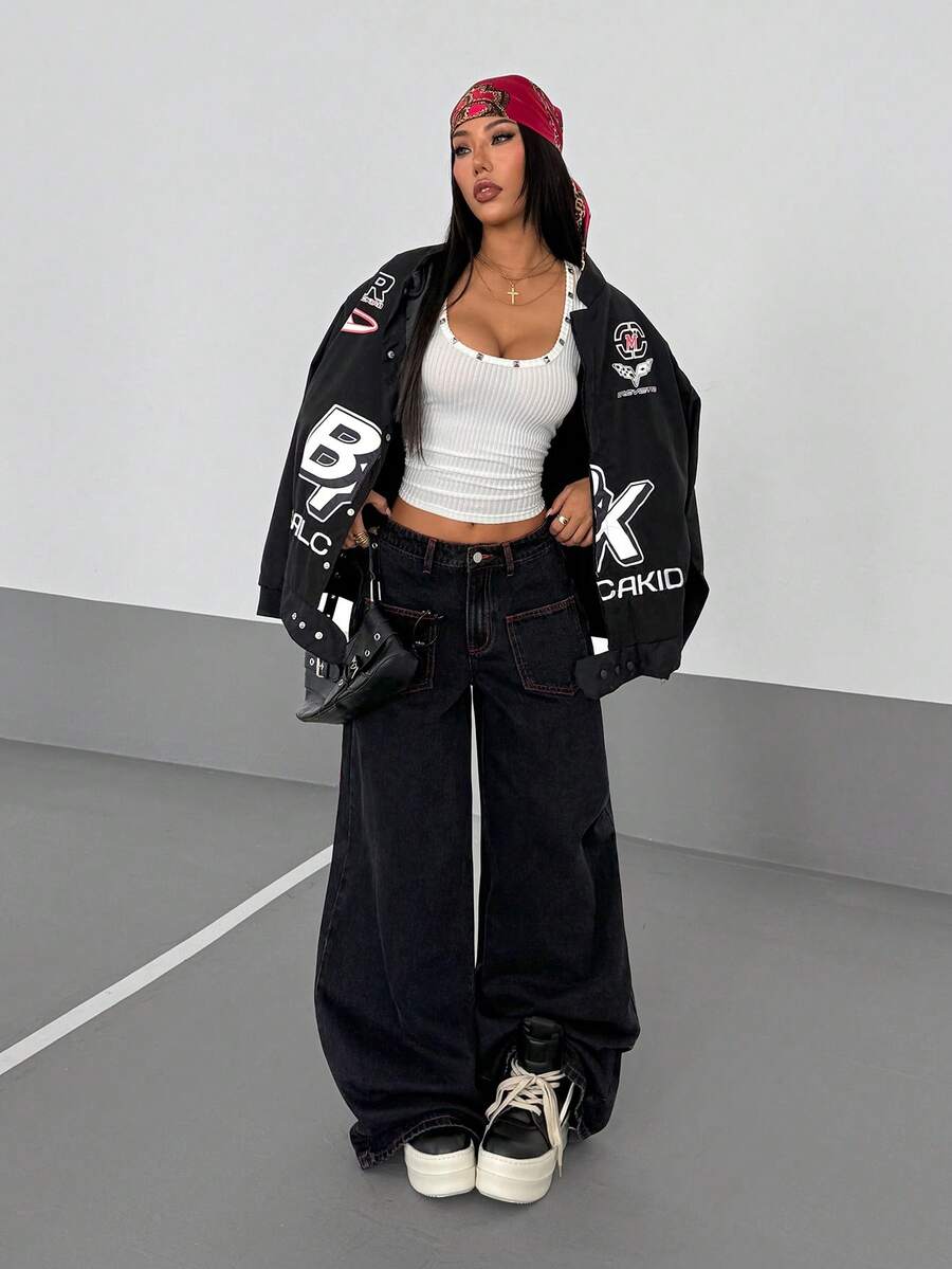 Women's Street Casual Y2K Style Embroidered Wide Leg Jeans