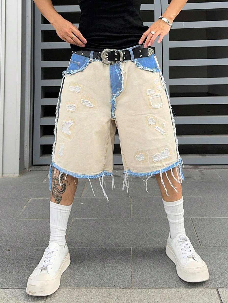 Men's Contrast Color Fringe Casual Denim Shorts