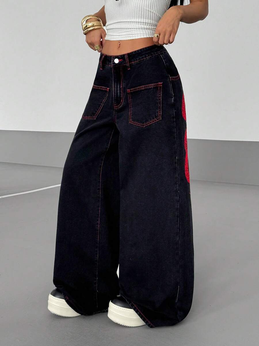 Women's Street Casual Y2K Style Embroidered Wide Leg Jeans