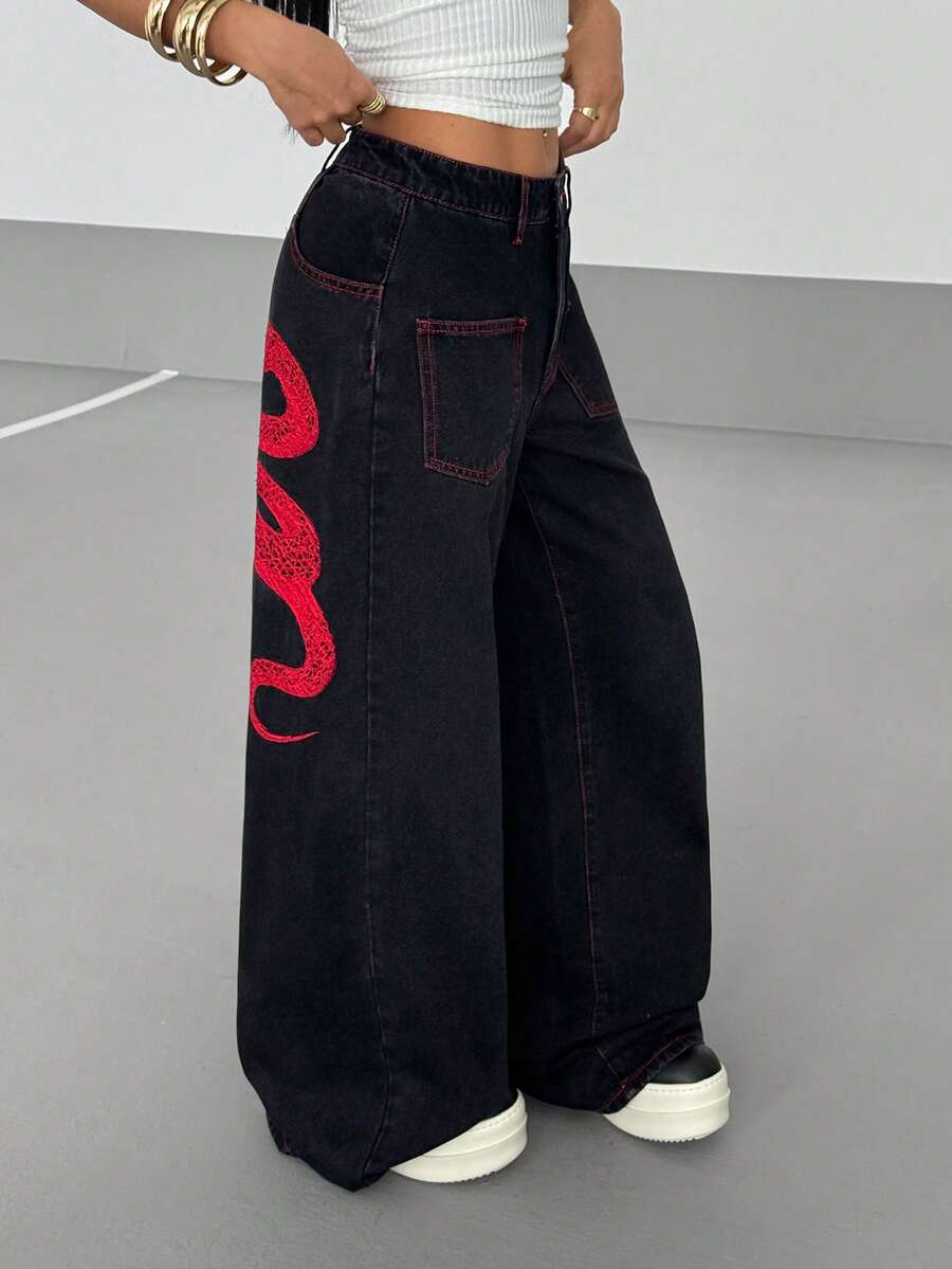 Women's Street Casual Y2K Style Embroidered Wide Leg Jeans