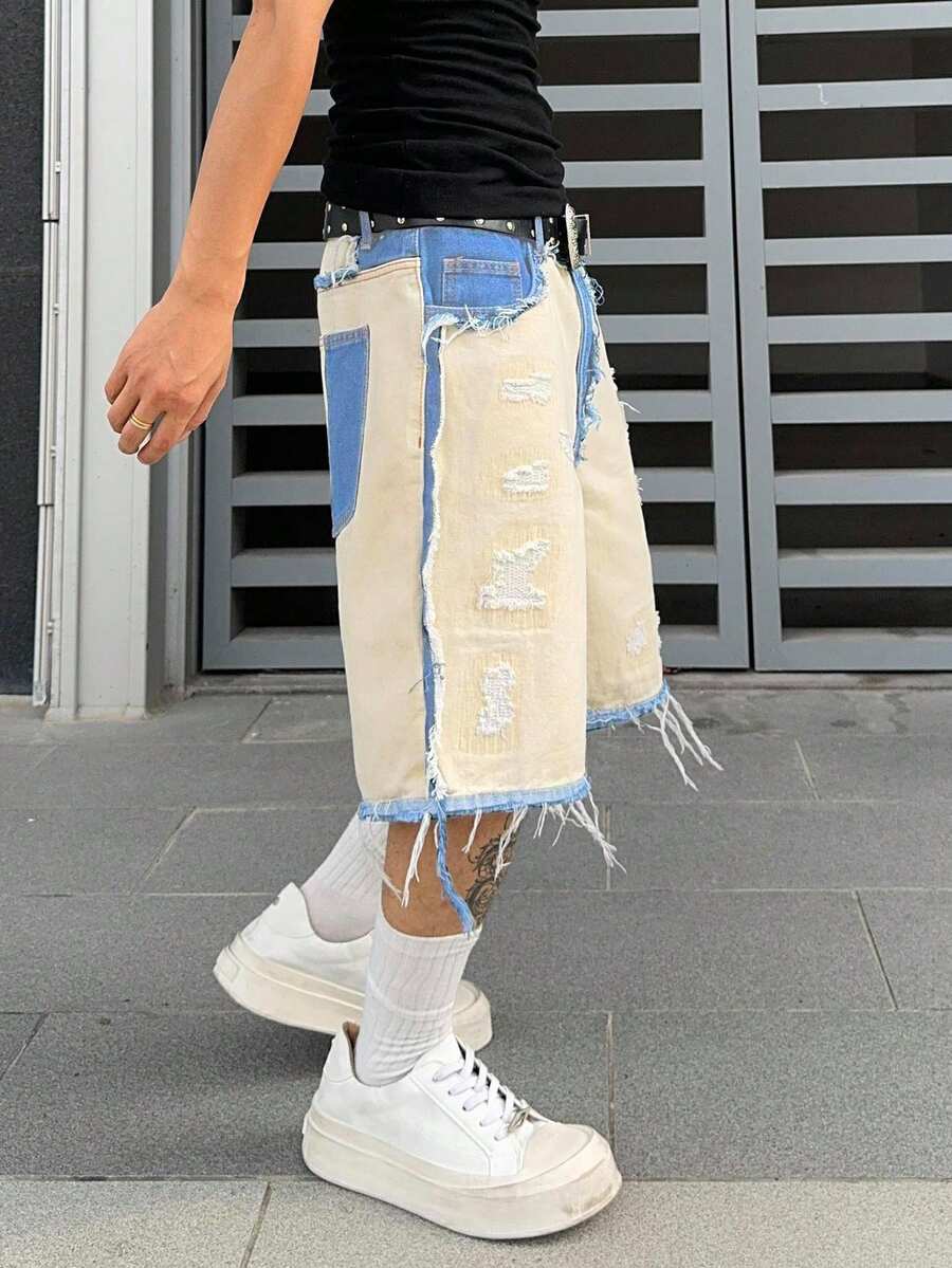 Men's Contrast Color Fringe Casual Denim Shorts