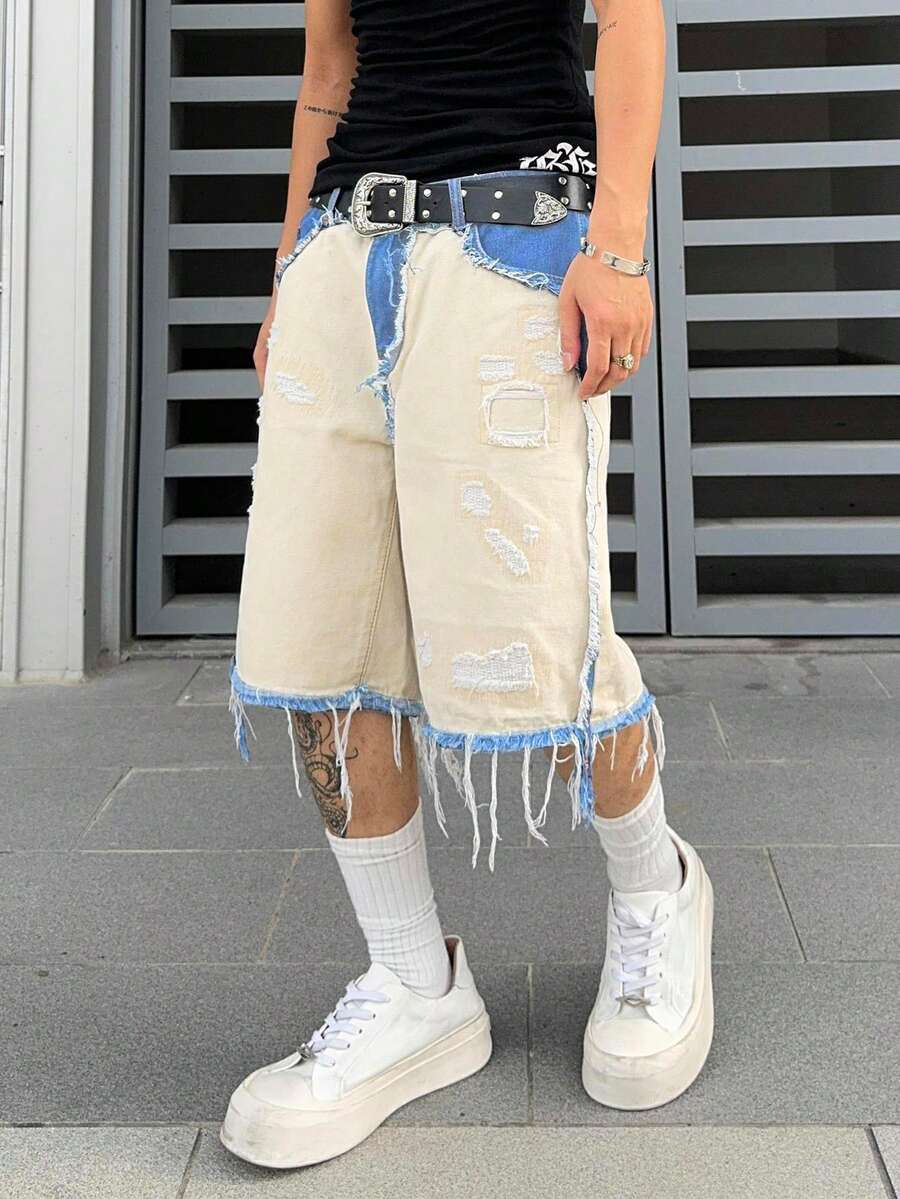 Men's Contrast Color Fringe Casual Denim Shorts