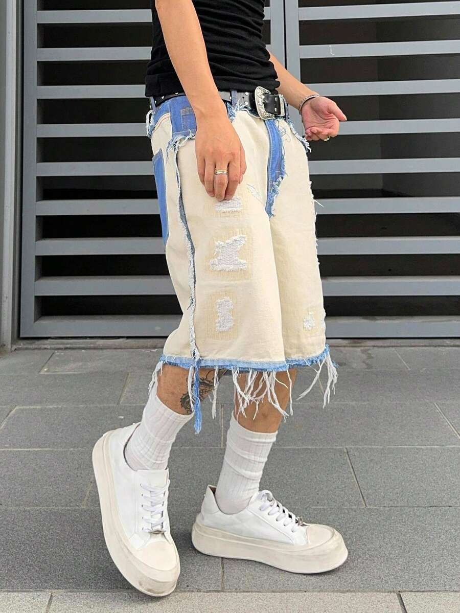 Men's Contrast Color Fringe Casual Denim Shorts