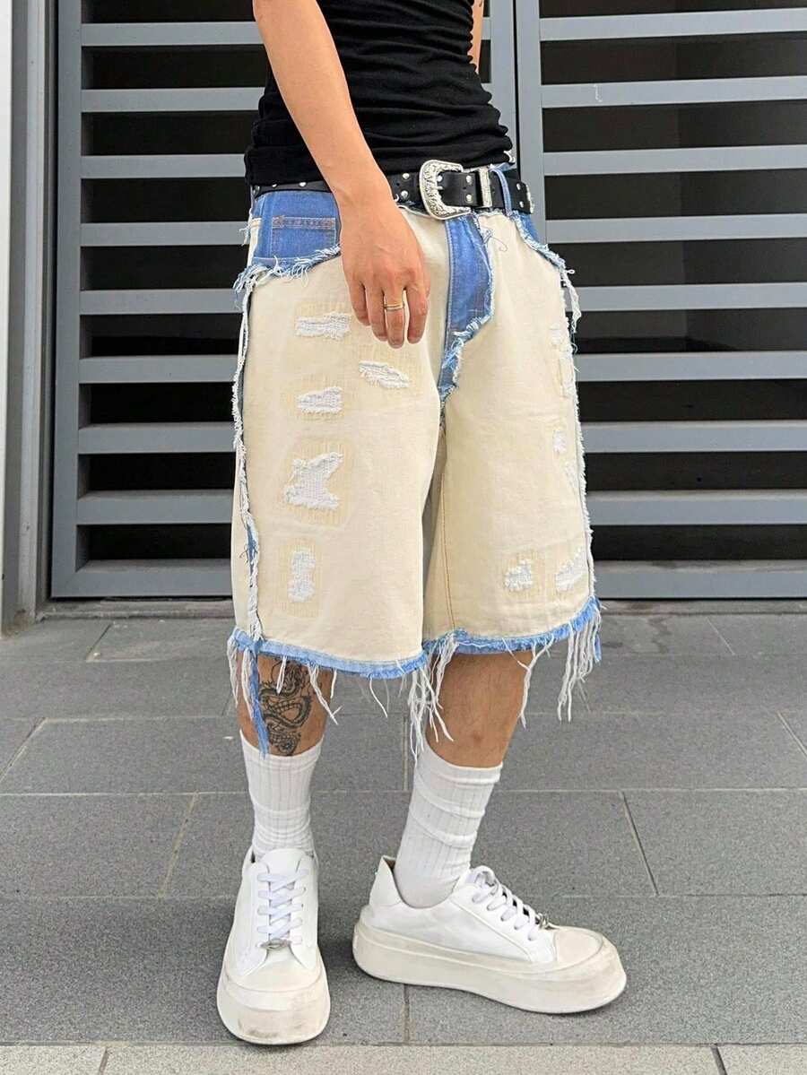 Men's Contrast Color Fringe Casual Denim Shorts