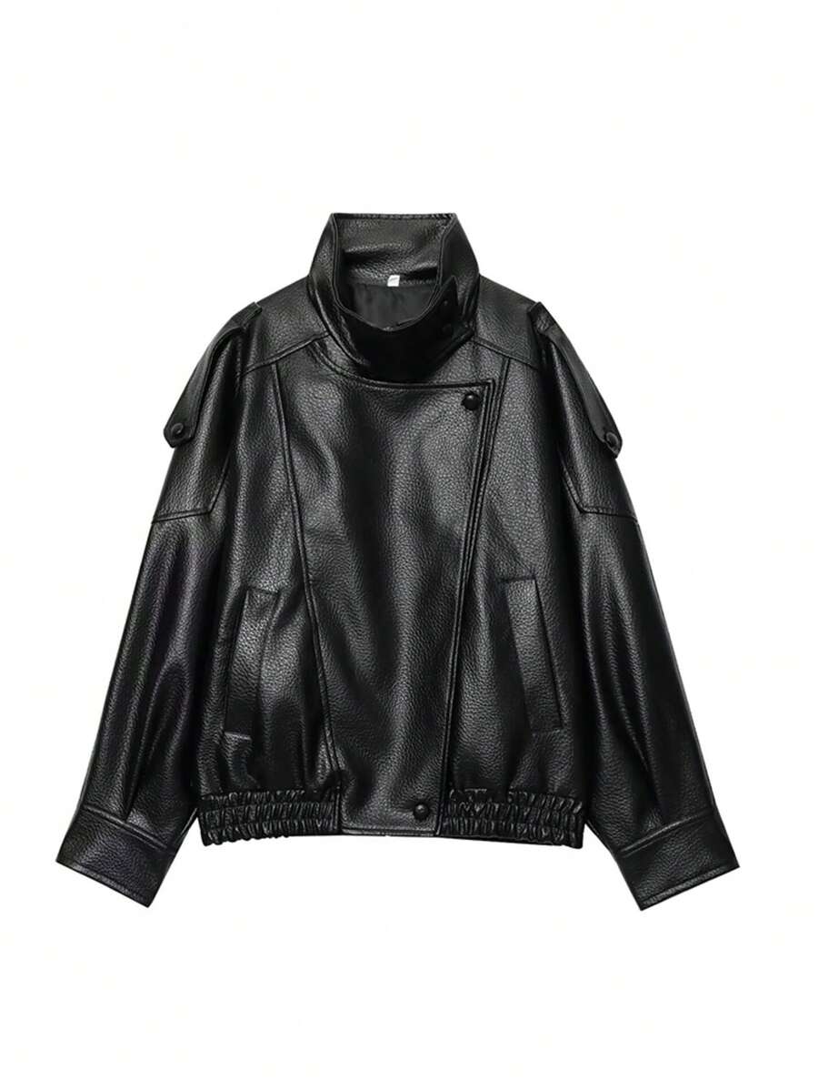 Women's Stand Collar PU Leather Jacket,