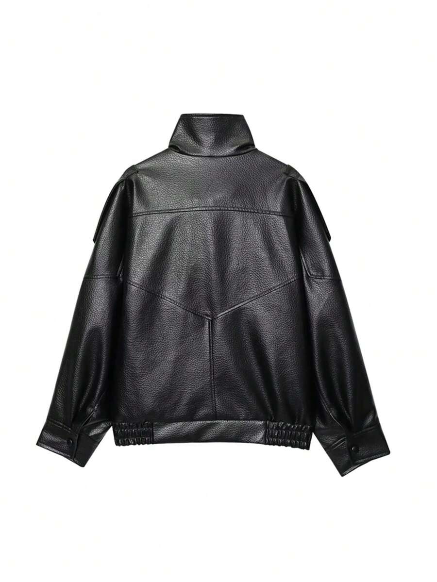 Women's Stand Collar PU Leather Jacket,