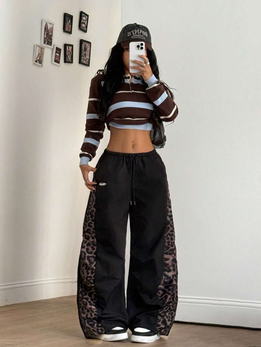 Women's Streetwear Color-Blocked Parachute Pants