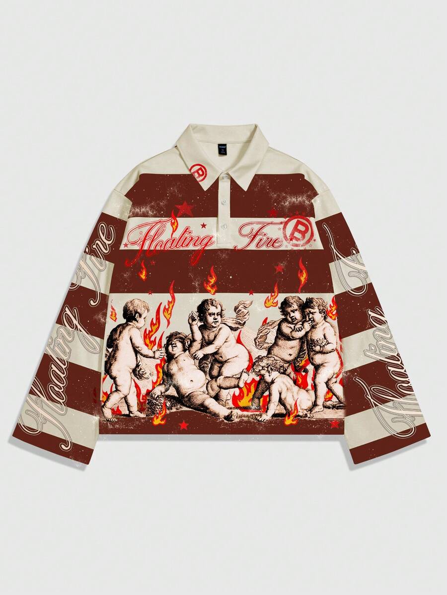 Men's Street Graphic Print Striped Polo Collar Long Sleeve T-Shirt