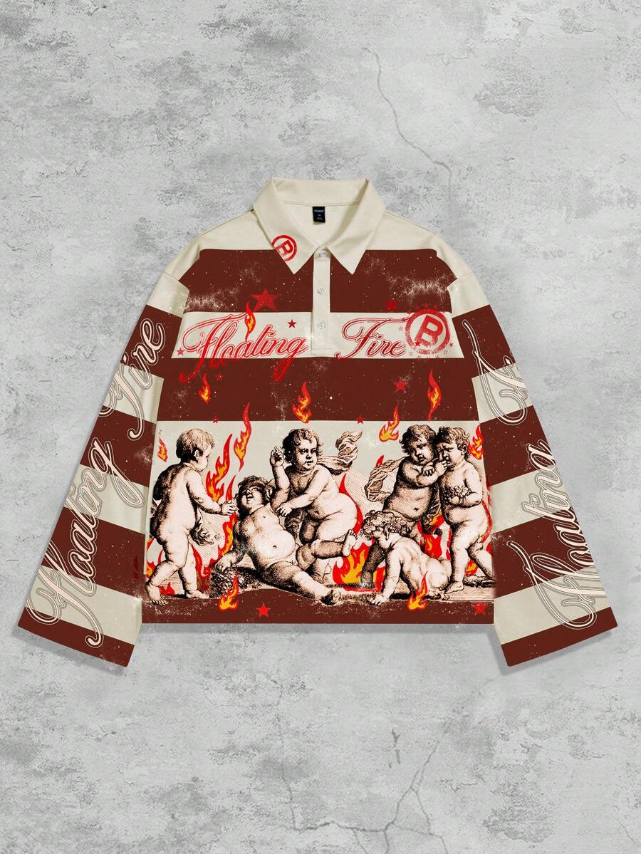 Men's Street Graphic Print Striped Polo Collar Long Sleeve T-Shirt