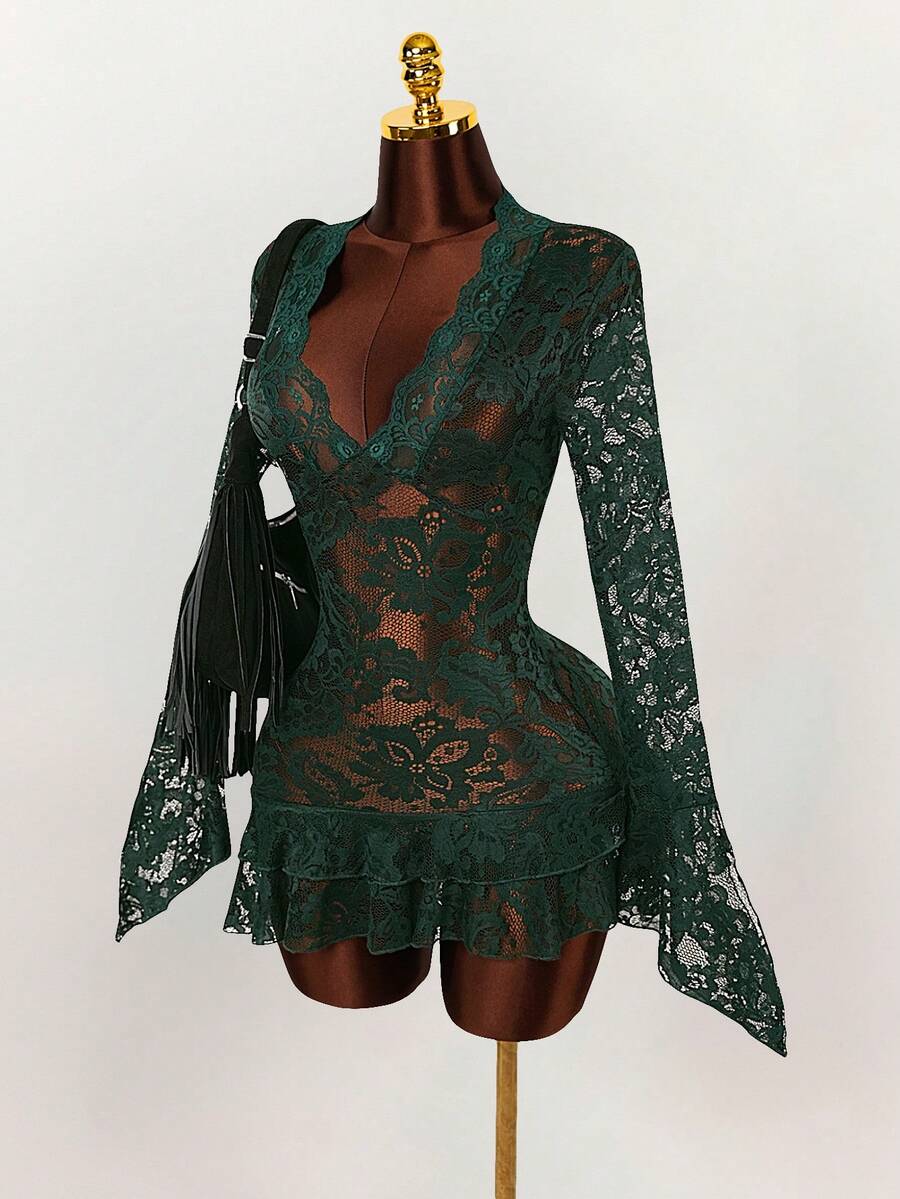 Sheer Low-Cut Hippie Style Mini Dress
