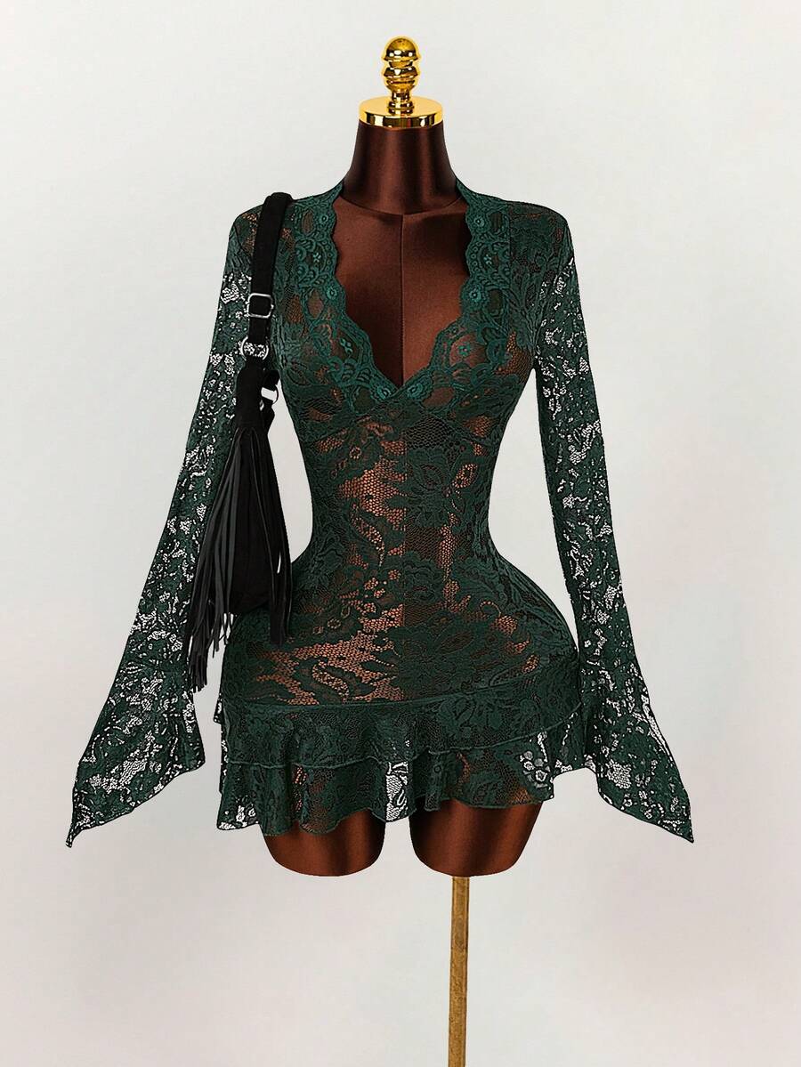 Sheer Low-Cut Hippie Style Mini Dress