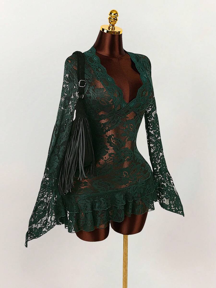 Sheer Low-Cut Hippie Style Mini Dress