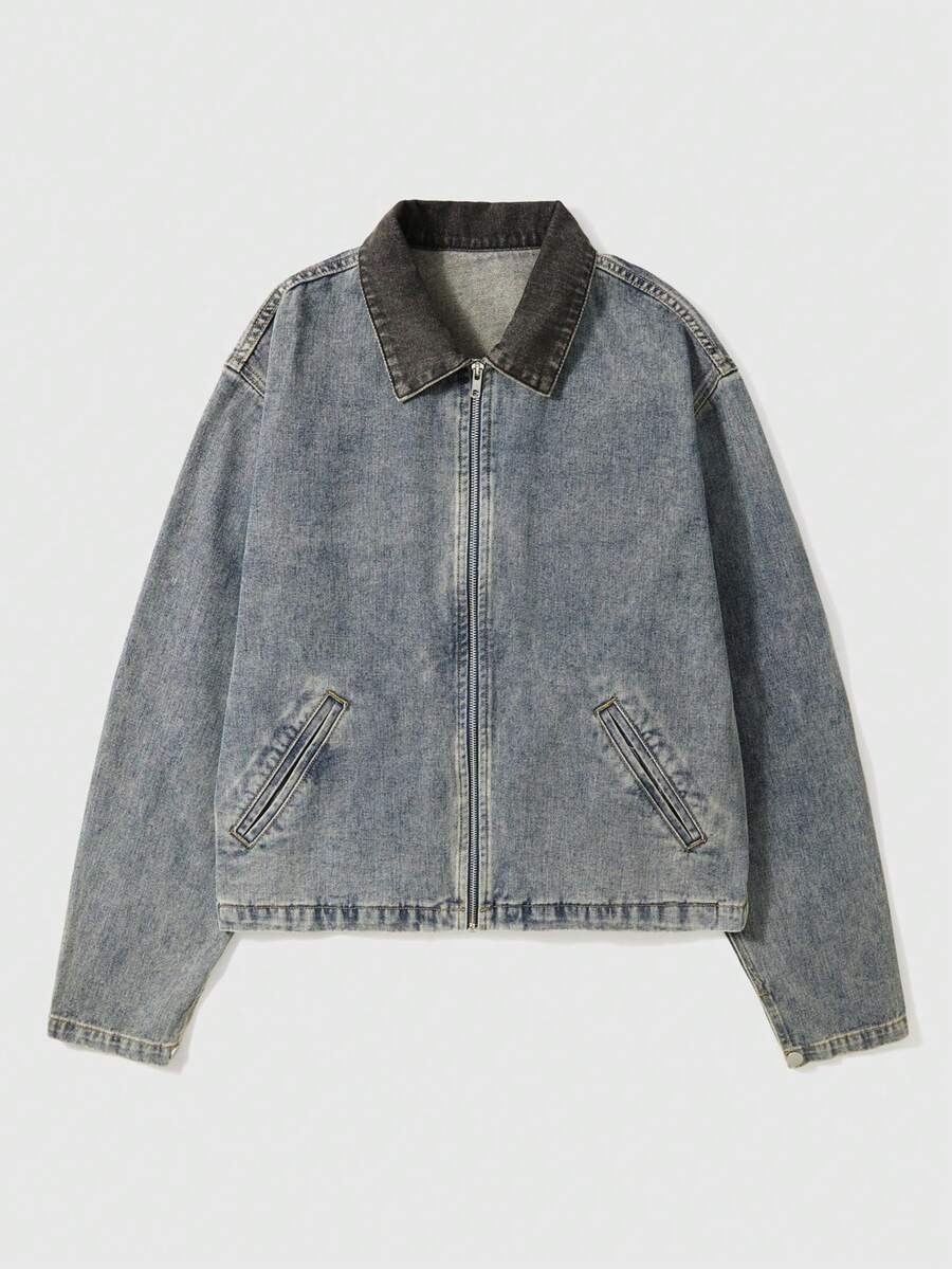 Men's Casual Zip-Up Pockets Denim Jacket