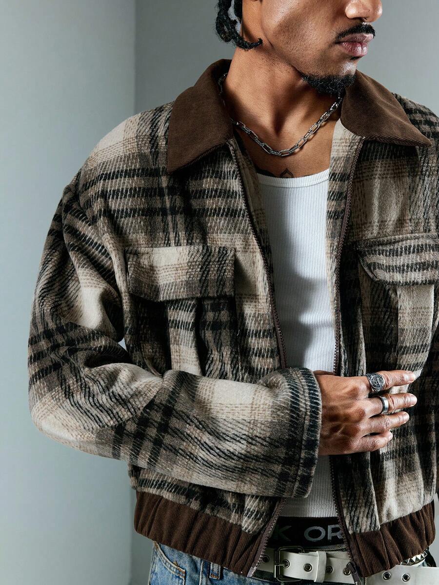 Men's Casual Plaid Patchwork Short Thick Overcoat Jacket