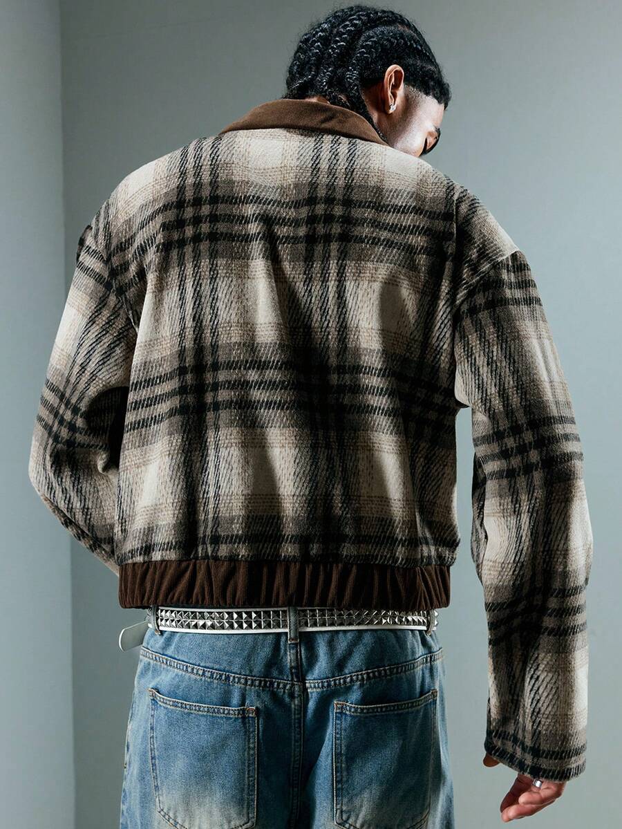 Men's Casual Plaid Patchwork Short Thick Overcoat Jacket