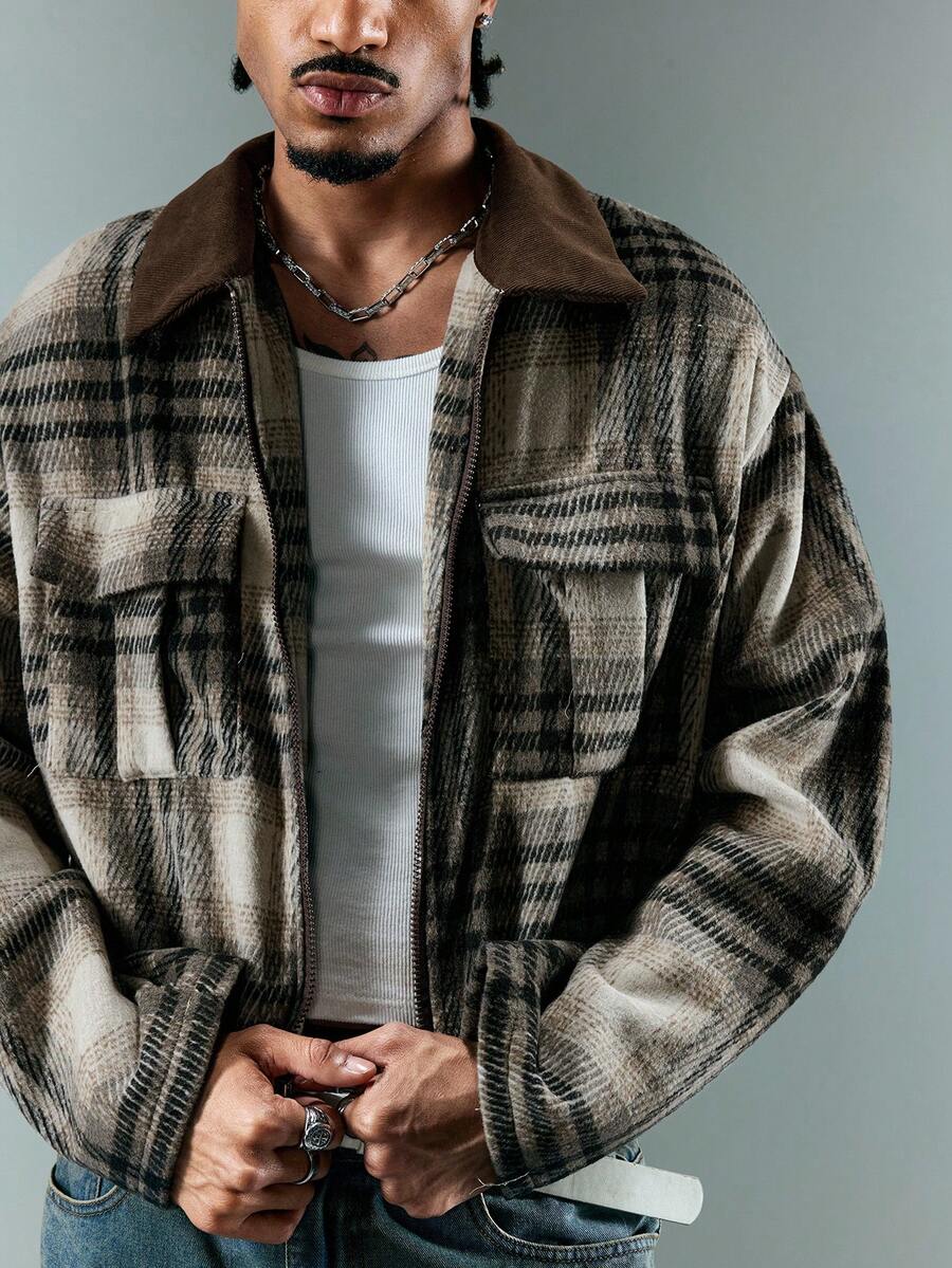 Men's Casual Plaid Patchwork Short Thick Overcoat Jacket