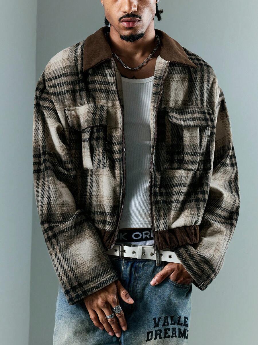 Men's Casual Plaid Patchwork Short Thick Overcoat Jacket