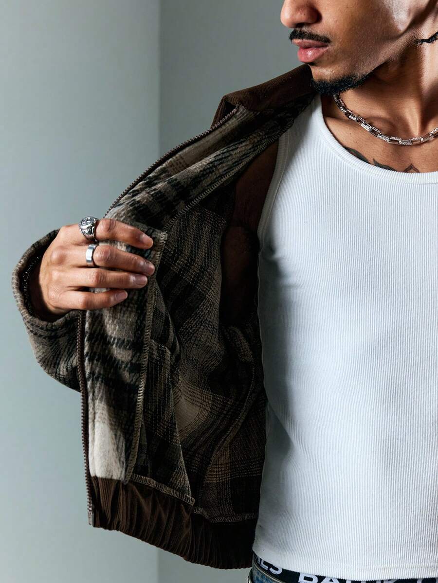 Men's Casual Plaid Patchwork Short Thick Overcoat Jacket