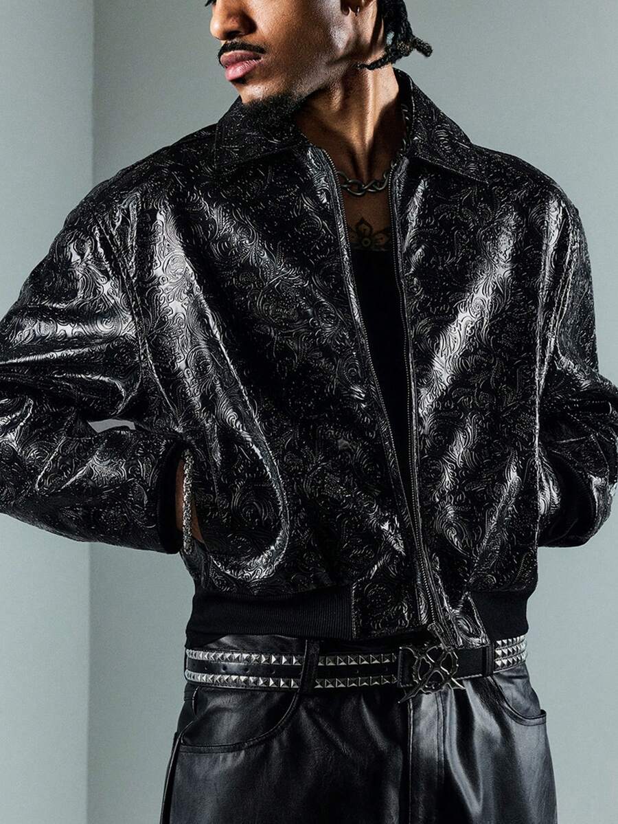 Men's Motorcycle Zip-Up Leather Long Sleeve Jacket