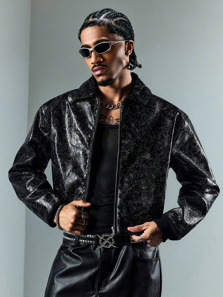 Men's Motorcycle Zip-Up Leather Long Sleeve Jacket