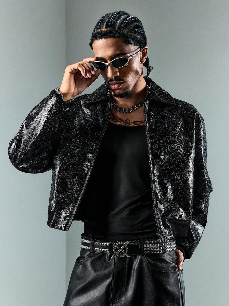 Men's Motorcycle Zip-Up Leather Long Sleeve Jacket