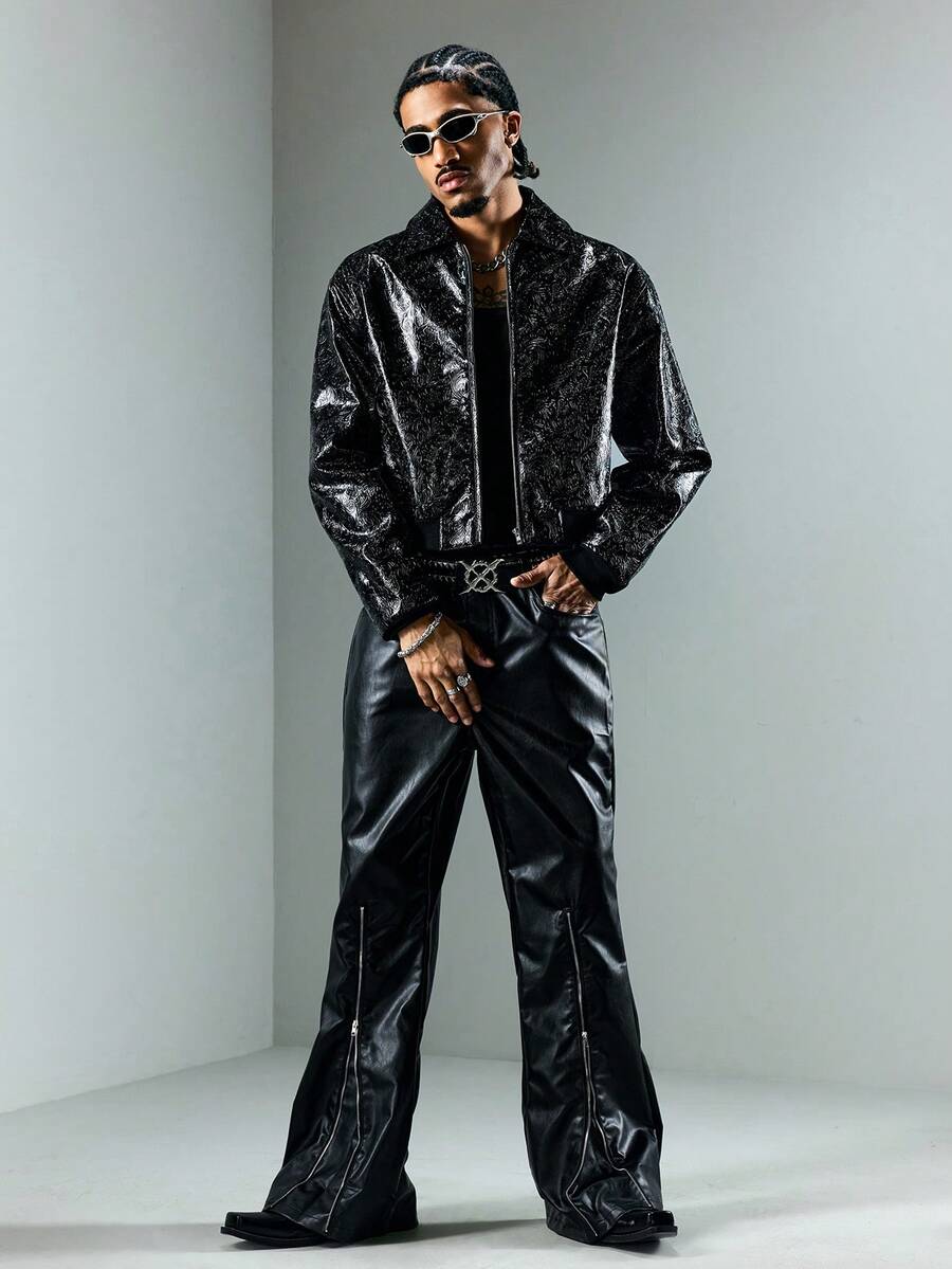 Men's Motorcycle Zip-Up Leather Long Sleeve Jacket