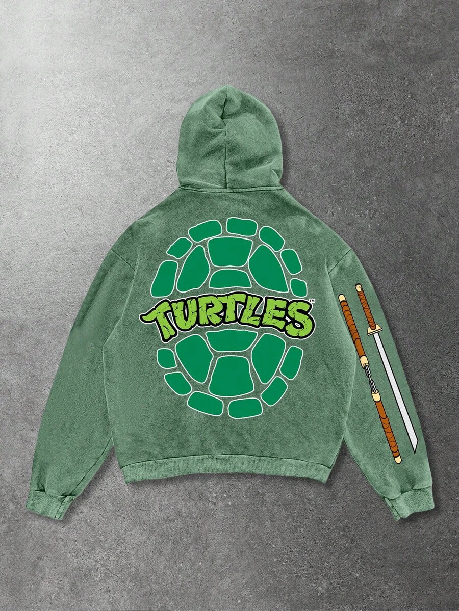 Men's TMNT Cartoon Print Washed Hoodie