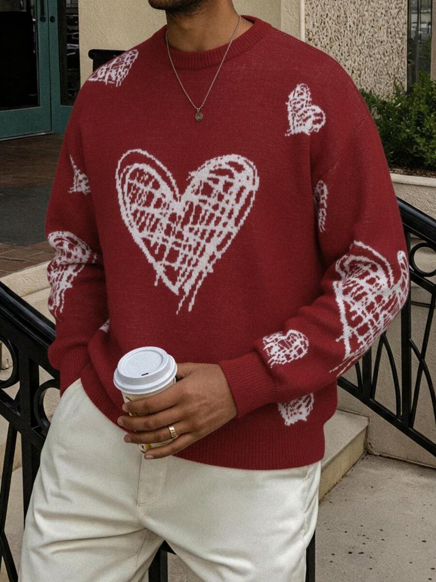 Men's Casual Crew Neck Heart Pattern Knit Sweater