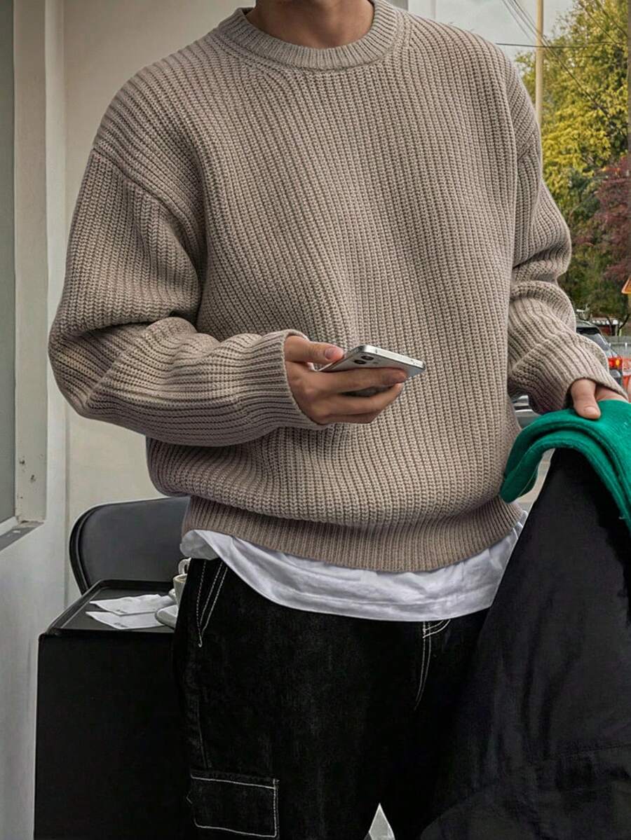 Men's Knit Drop Shoulder Crew Neck Pullover Sweater