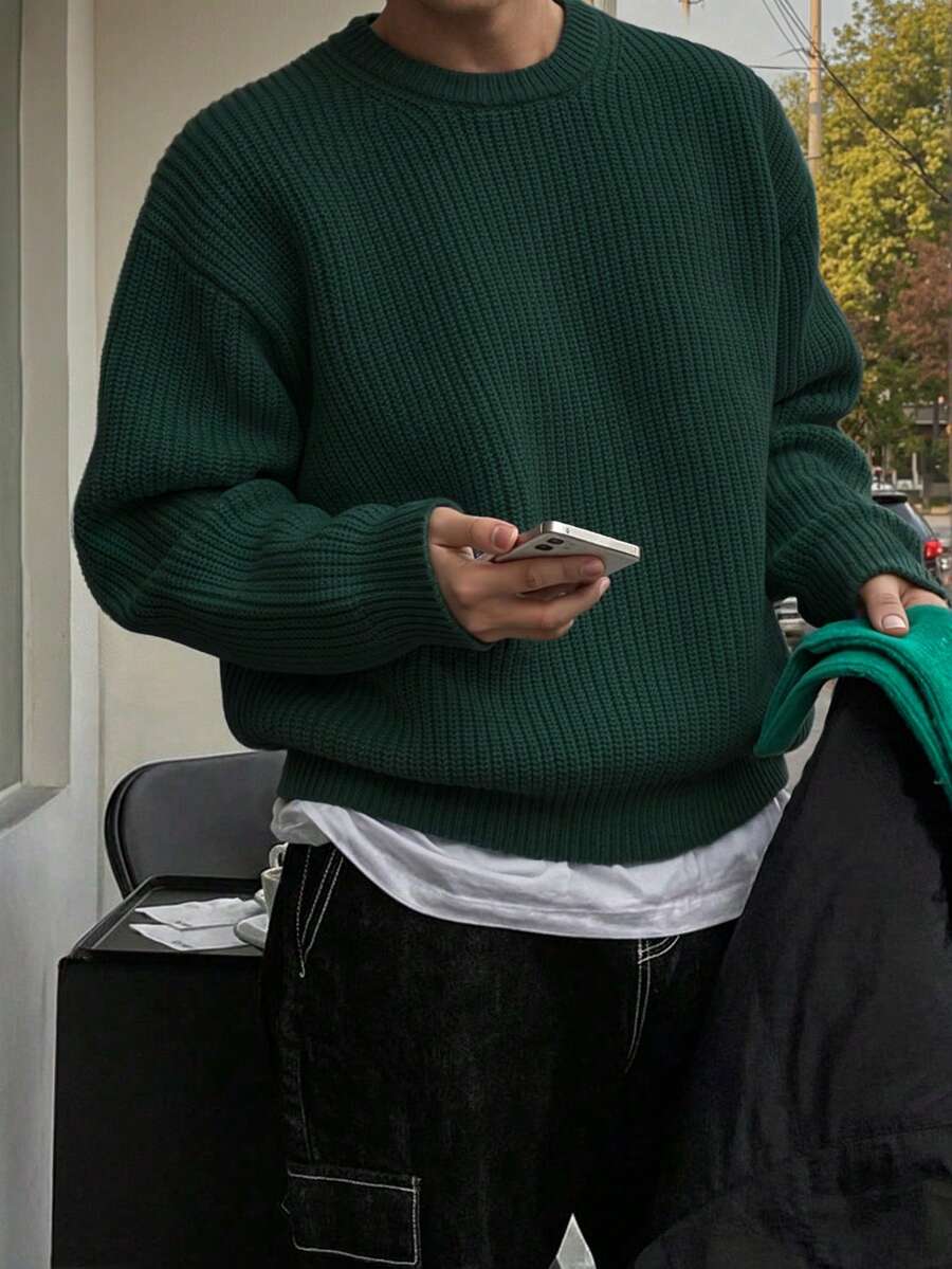 Men's Knit Drop Shoulder Crew Neck Pullover Sweater