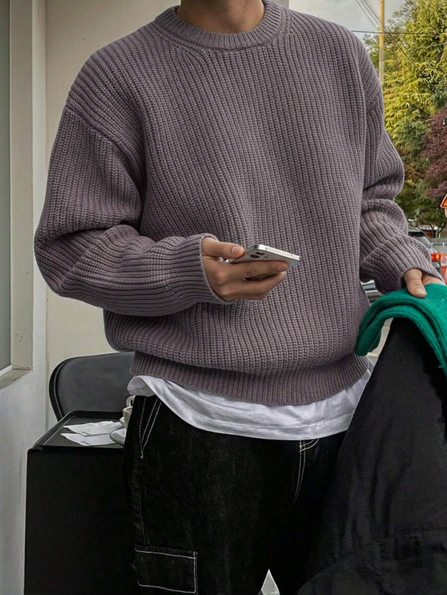 Men's Knit Drop Shoulder Crew Neck Pullover Sweater