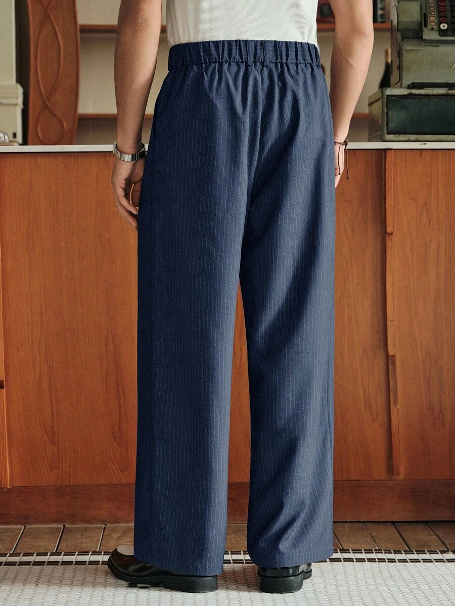 Men's Striped Print Fold Pleated Business Casual Dress Pants