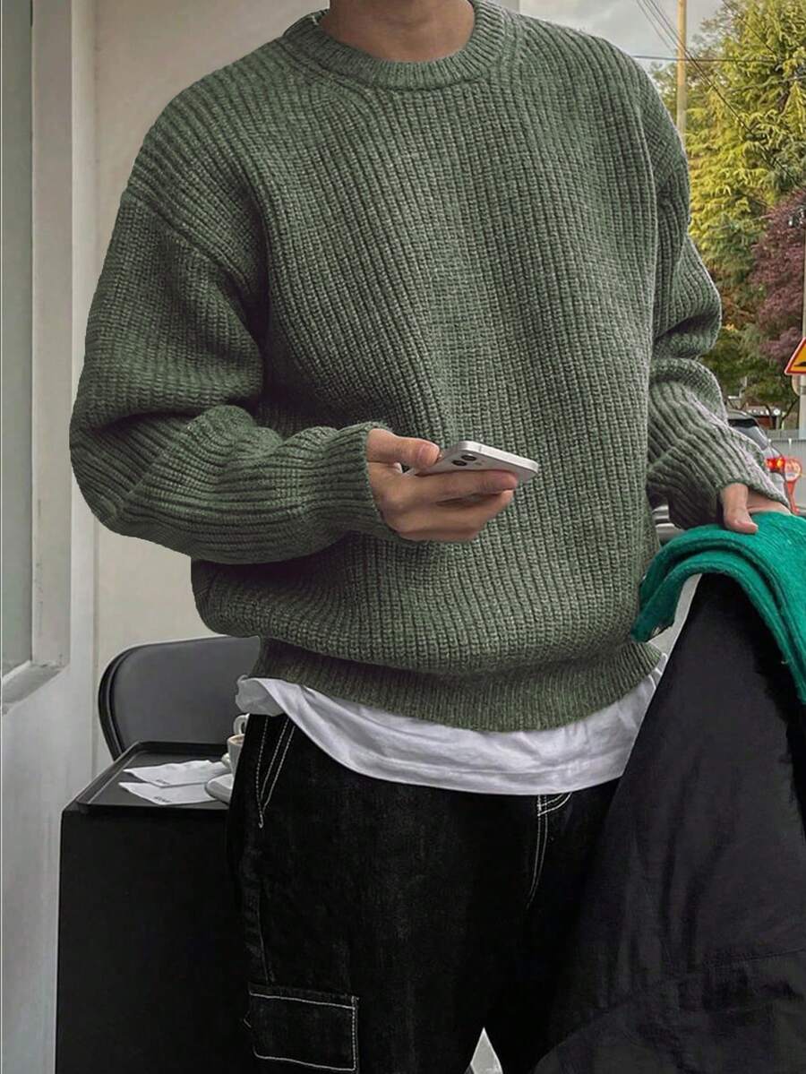 Men's Knit Drop Shoulder Crew Neck Pullover Sweater