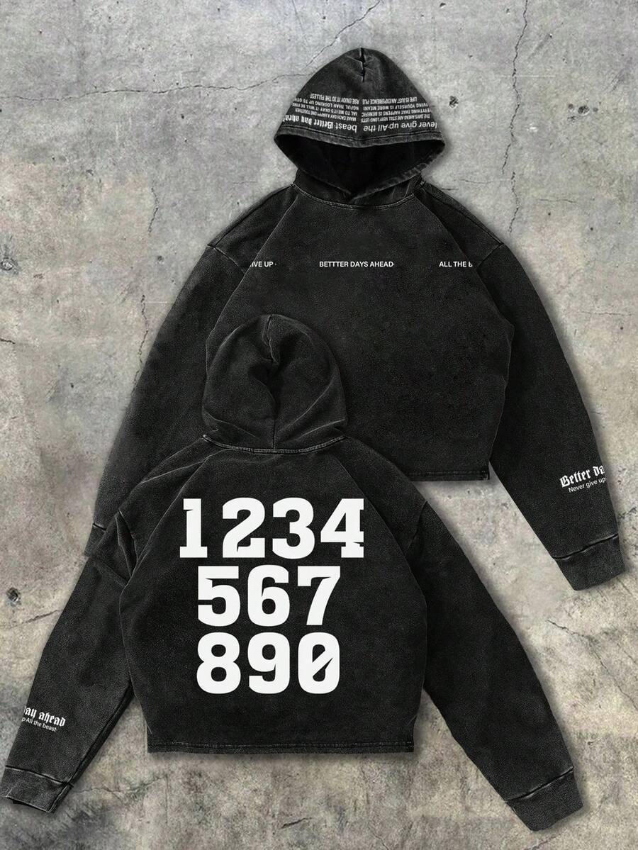 Retro Numeric Print Loose Fit Hoodie