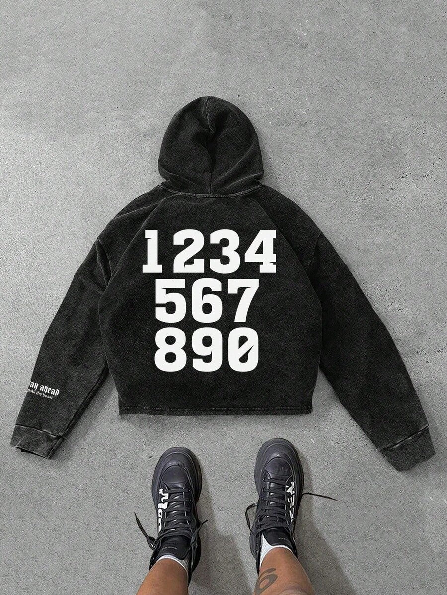 Retro Numeric Print Loose Fit Hoodie