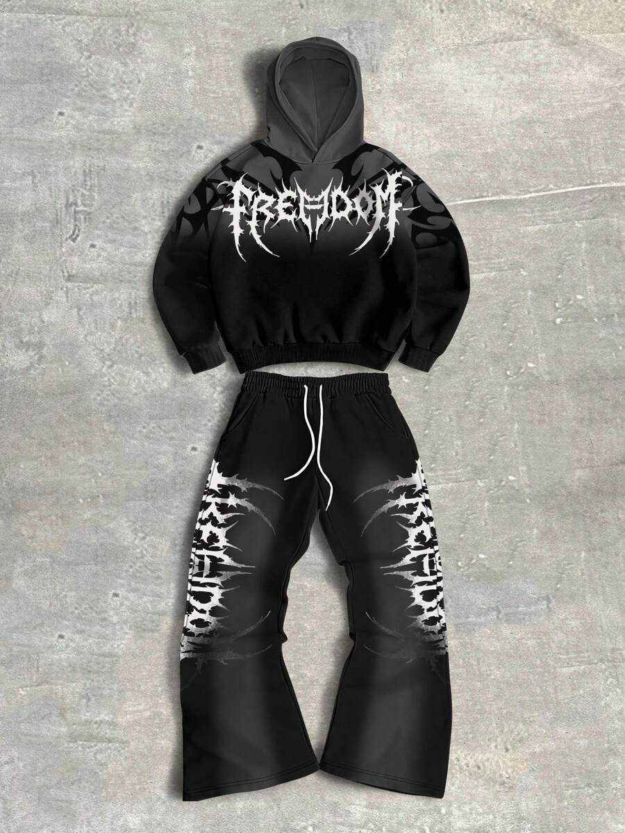 Men's Gothic Gradient Letter Hoodie & Pants Set